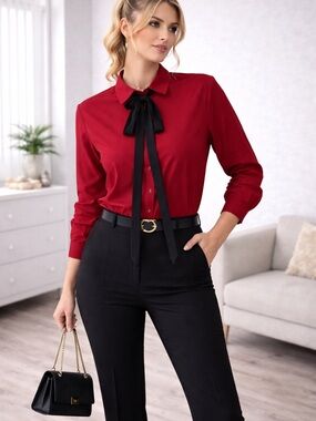 stradivarius Red Blouse with Black Bow Tie
